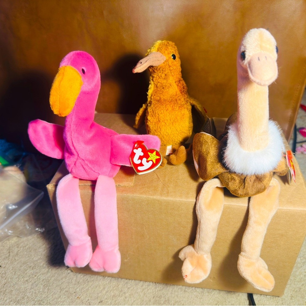 3X Ty Beanie Baby Rare Bird lot 1995 Stretch ostrich pinky Flamingo & Beak kiwi